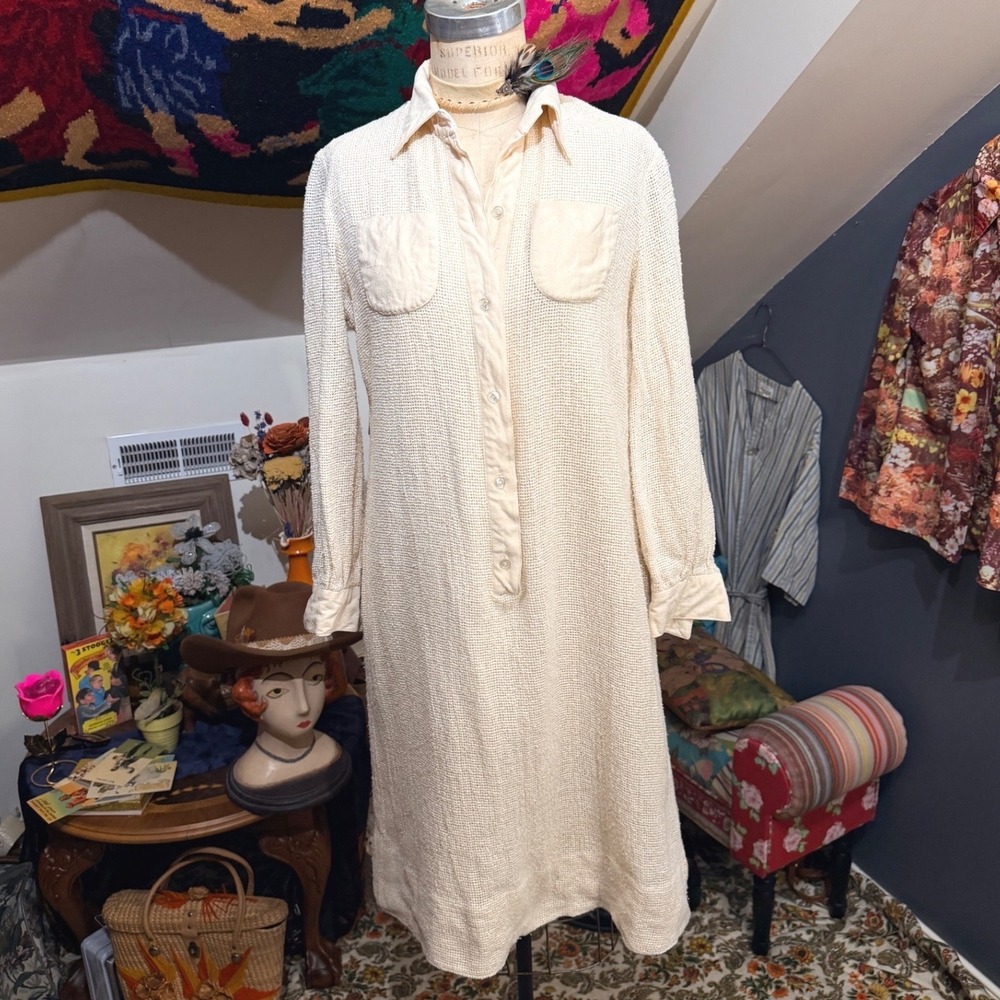 Nat Kaplan Couture 60s Vintage Cream Textured Open Weave Shirt Dress Long Sleeve